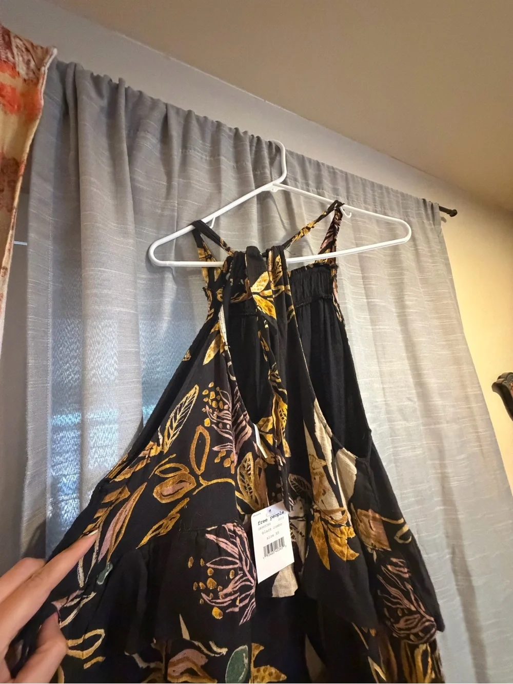 Free People Black Floral Tiered Maxi Dress with Yellow & Cream Leaves